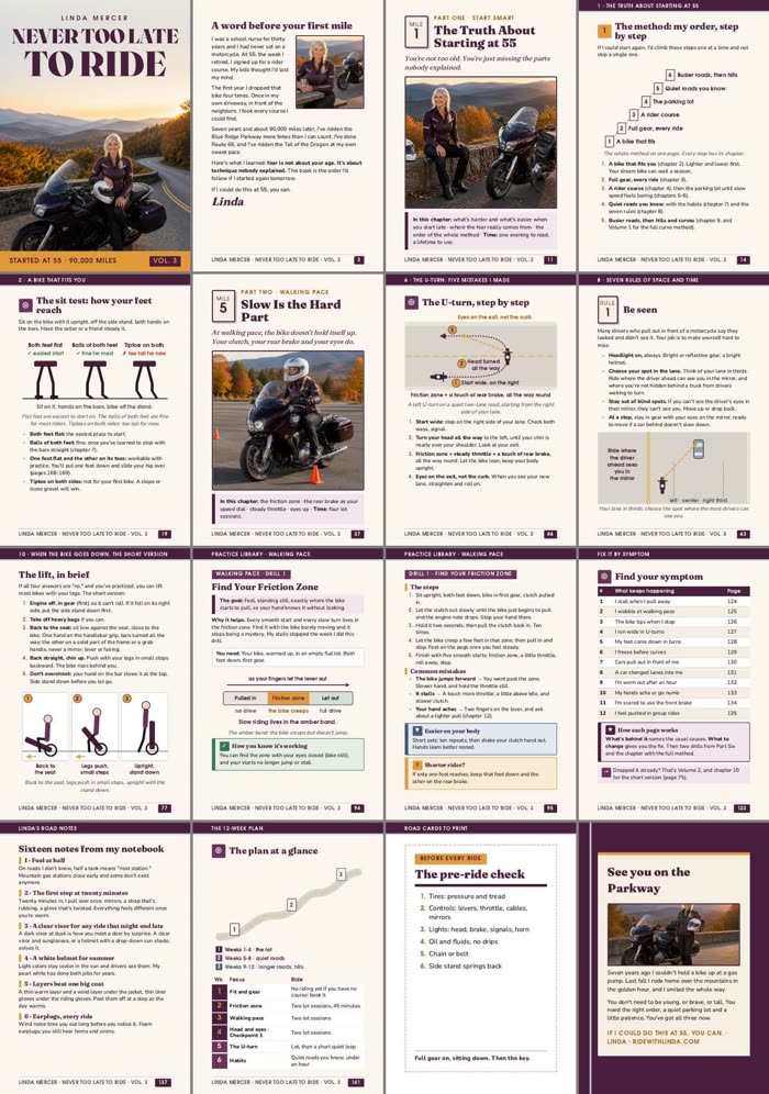 Sixteen sample pages from Never Too Late to Ride